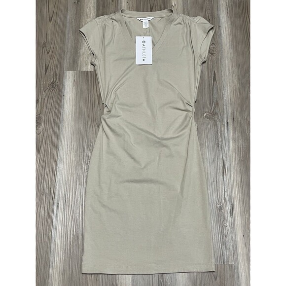 NWT Athleta Womens Size XXS Tan Effortless Tee Dress V Neck Ruched Stretch - Picture 1 of 13